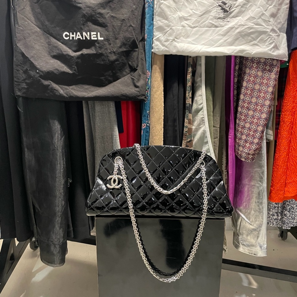CHANEL Black Patent "Just Mademoiselle" Bowling Bag